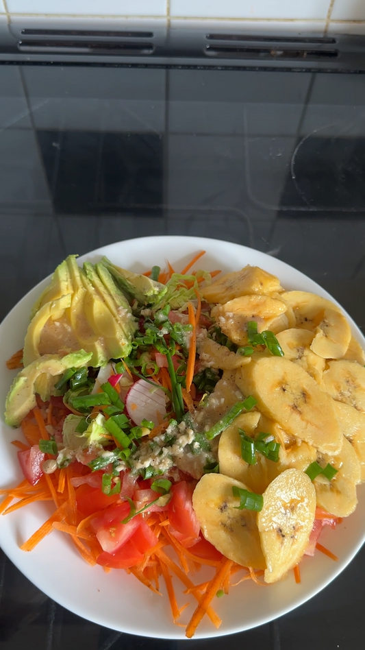 Vibrant Raw Plantain & Avocado Salad with Peanut Butter Dressing